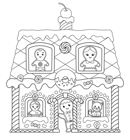 Gingerbread House With Characters Coloring Page